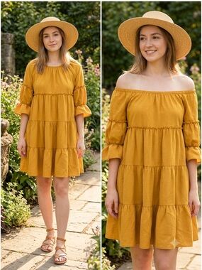 VS VISION USA Mustard Tiered Short Dress. Size S